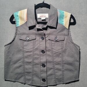 Women's Ariat Gray Aztec Print Cut-off June Trucker Vest Size Medium‎ NWOT